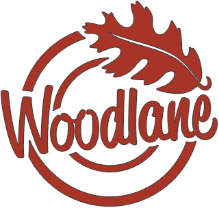 Red Woodlane logo comprised of a large script font in the center of two circle outlines with a large leaf in the top-right.